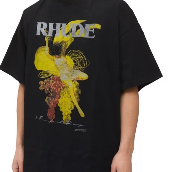 RHUDE Grape Female Character Abstract Painting Printed Short sleeved T-shirt Black S-XL Size