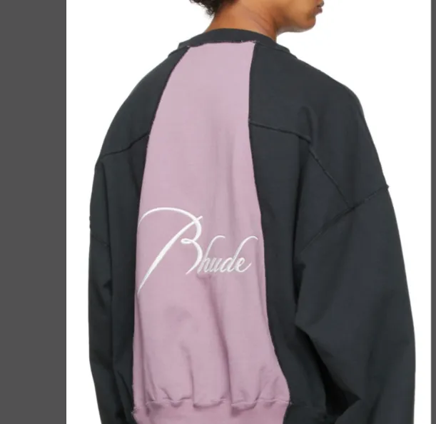 RHUDE cutting and splicing logo embroidery retro round neck sweatshirt black S-XL size