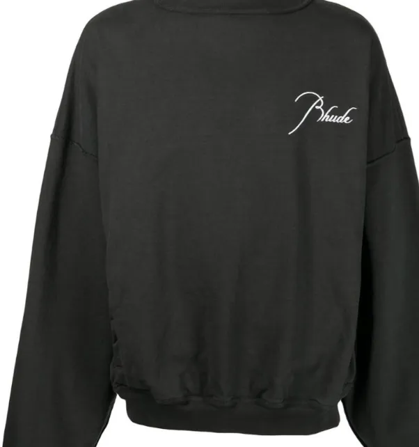 RHUDE cutting and splicing logo embroidery retro round neck sweatshirt black S-XL size