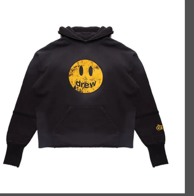 DREW HOUSE MASCOT HOODIE Cartoon smiley face, cracked and distressed, vintage print with plush hooded sweatshirt, metal gray, S M L XL