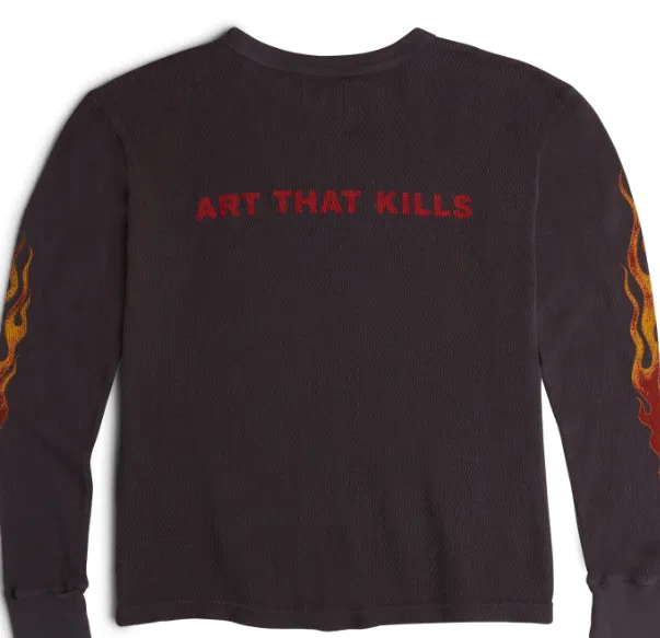 GALLERY DEPT. Born To Die Flame Thermal Flame Skull Printed Waffle Round Neck Long Sleeve T-shirt, Washed Black S M L XL