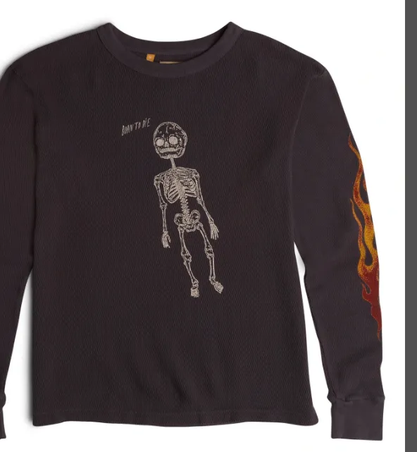 GALLERY DEPT. Born To Die Flame Thermal Flame Skull Printed Waffle Round Neck Long Sleeve T-shirt, Washed Black S M L XL