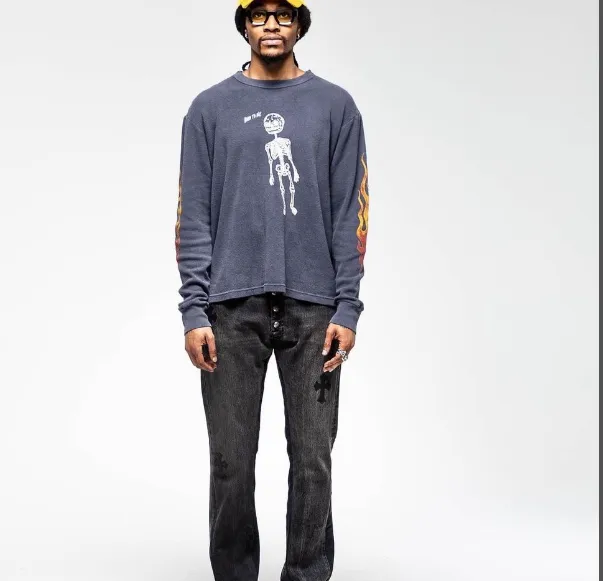 GALLERY DEPT. Born To Die Flame Thermal Flame Skull Printed Waffle Round Neck Long Sleeve T-shirt, Washed Black S M L XL