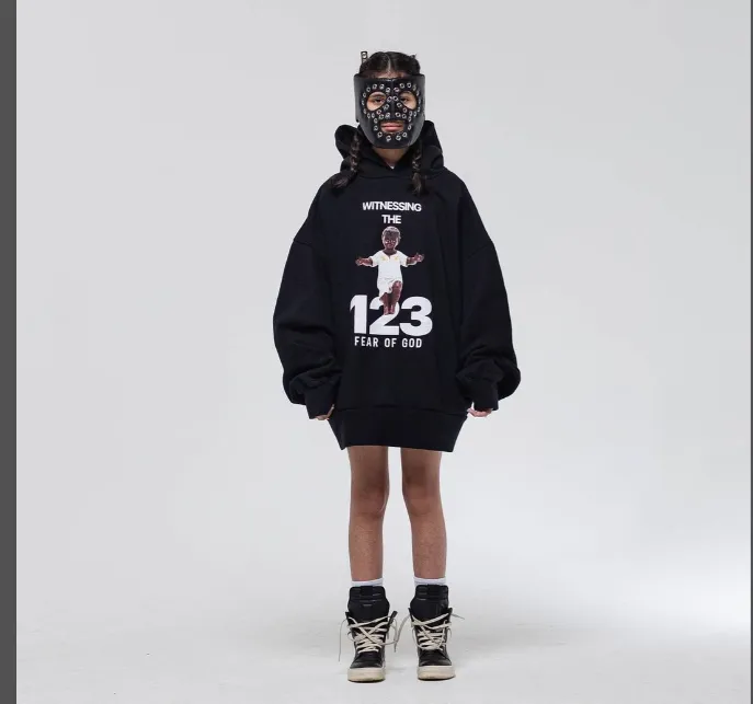 FEAR OF GOD x RRR-123 Heavy Weight Co branded Black Children's Printed Shoulder Drop Loose Hoodie Black Size 1, 2, 3