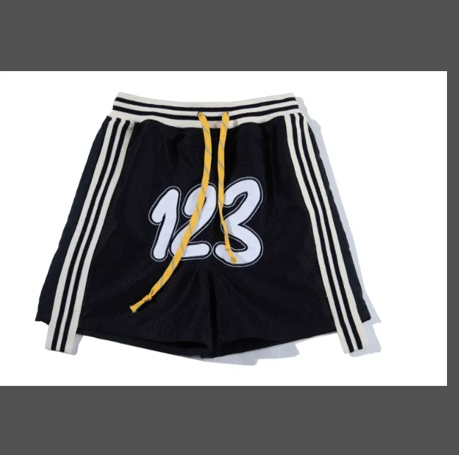 RRR-123 New Trendy High Street American Style Wear Mesh Embroidered Ribbon Drawstring Shorts Black Grey Size 1 Size 2 Size 3