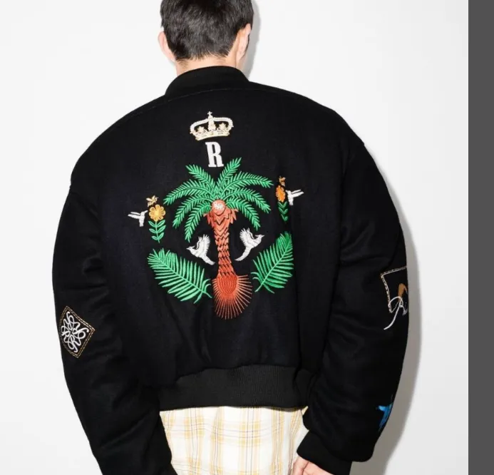 RHUDE Retro Flower Letter Embroidered Woolen Baseball Jacket Black S-XL Size