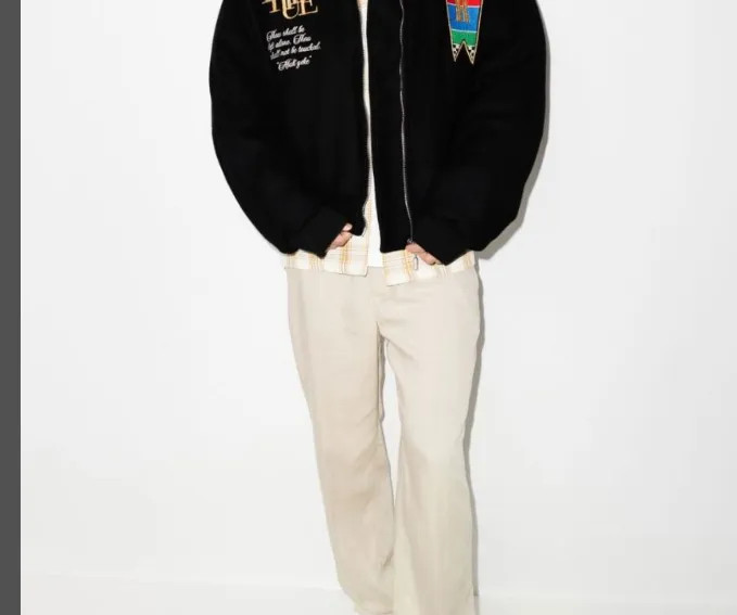 RHUDE Retro Flower Letter Embroidered Woolen Baseball Jacket Black S-XL Size