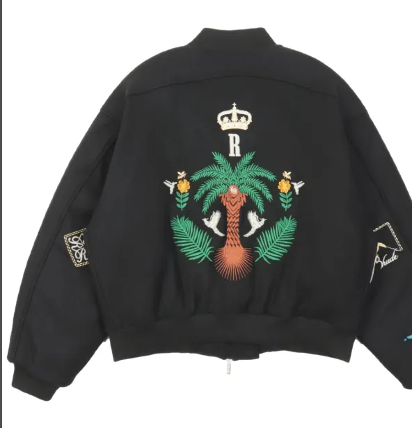 RHUDE Retro Flower Letter Embroidered Woolen Baseball Jacket Black S-XL Size