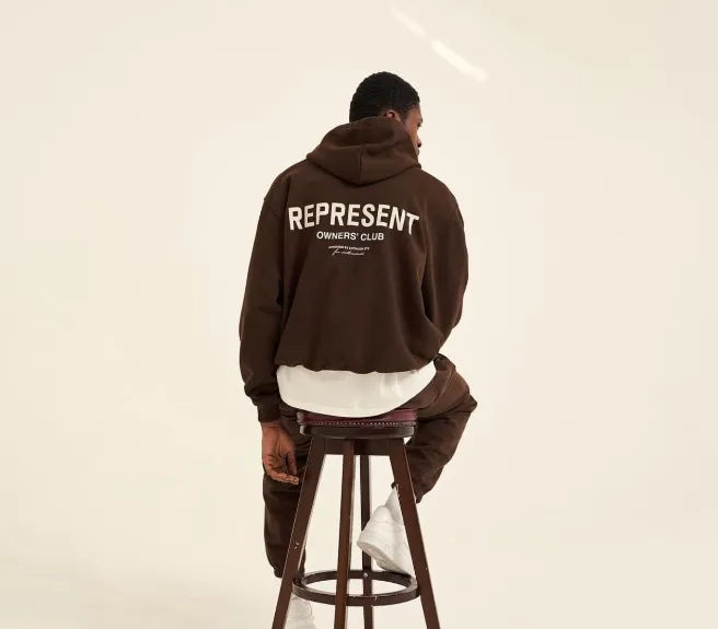 REPRESENT Minimalist slogan logo print hooded sweatshirt coffee color floral gray