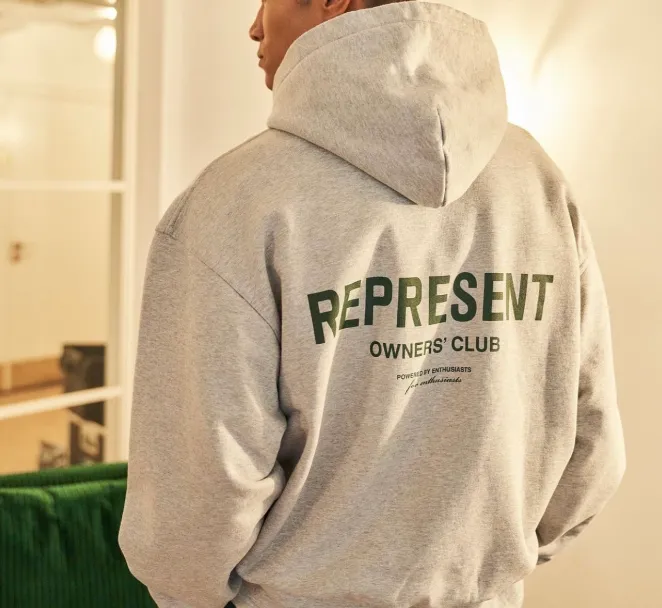 REPRESENT Minimalist slogan logo print hooded sweatshirt coffee color floral gray