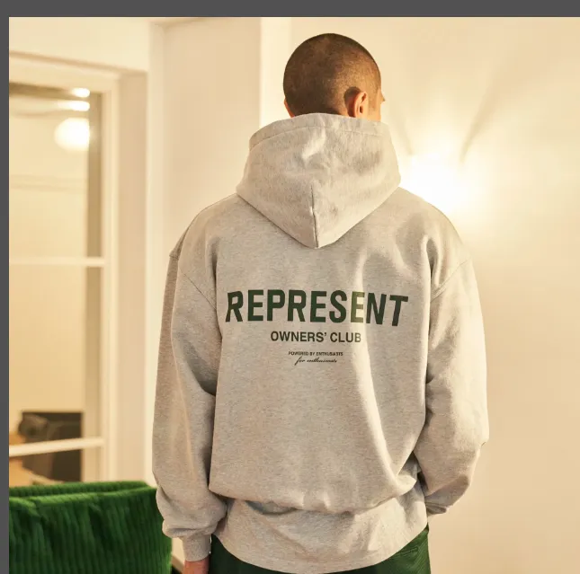 REPRESENT Minimalist slogan logo print hooded sweatshirt coffee color floral gray