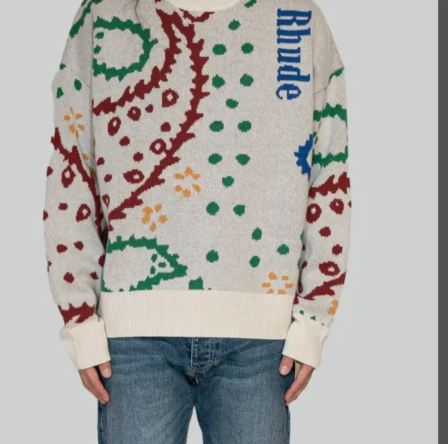 RHUDE Cashew Flower Retro Jacquard High Street Round Neck Hoodie Sweater Apricot S-XL Size