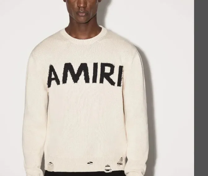 AMIRI letter logo jacquard tassel damaged round neck sweater apricot color S-XL size