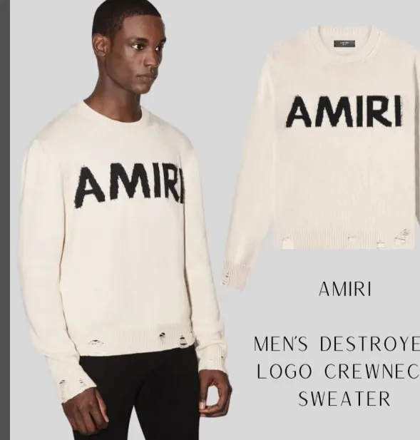 AMIRI letter logo jacquard tassel damaged round neck sweater apricot color S-XL size