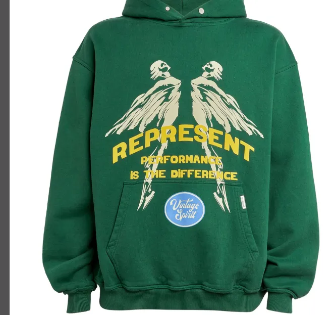 REPRESENT 22SS VINTAGE SPIRIT HOODIE Summer Limited Edition Retro Suede Foam Logo Printed Hoop Hoodie Black Ink Green S M L XL