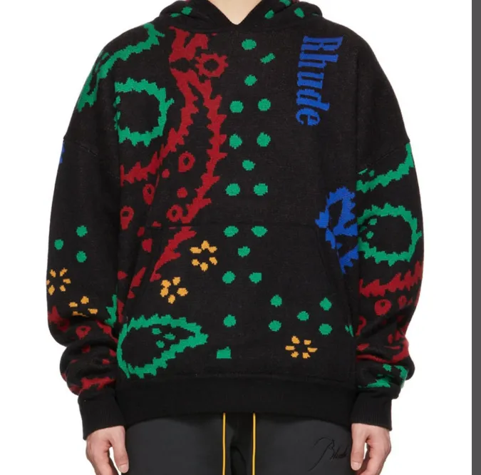 RHUDE Retro Jacquard Cashew Flower Hooded Sweater Pullover Black S-XL Size