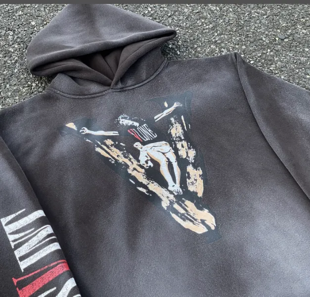 SAINT MICHAEL co branded VLONE big V letter Jesus portrait white ink direct spray printing washed and worn out hem pure handmade spray hooded fleece hoodie size: S M L XL