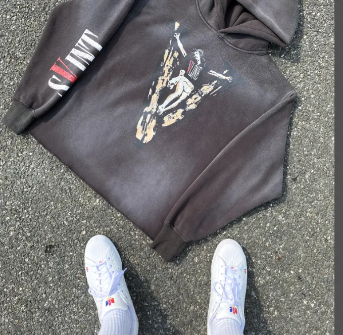 SAINT MICHAEL co branded VLONE big V letter Jesus portrait white ink direct spray printing washed and worn out hem pure handmade spray hooded fleece hoodie size: S M L XL