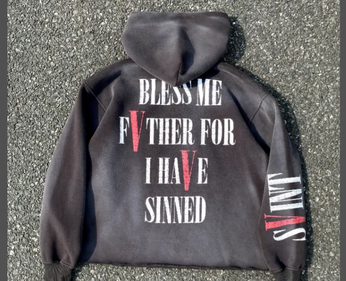 SAINT MICHAEL co branded VLONE big V letter Jesus portrait white ink direct spray printing washed and worn out hem pure handmade spray hooded fleece hoodie size: S M L XL