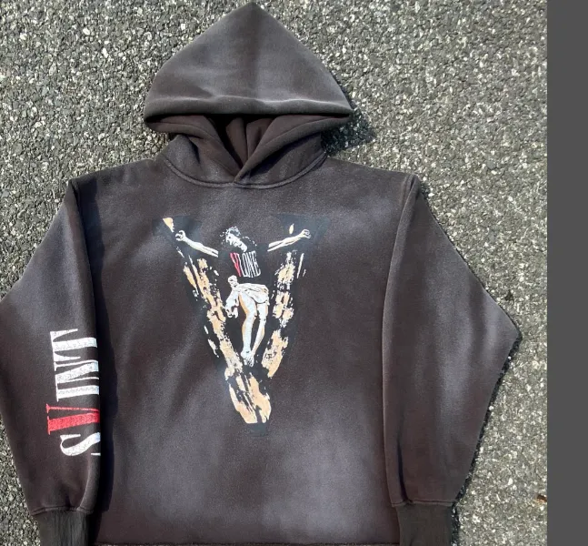 SAINT MICHAEL co branded VLONE big V letter Jesus portrait white ink direct spray printing washed and worn out hem pure handmade spray hooded fleece hoodie size: S M L XL