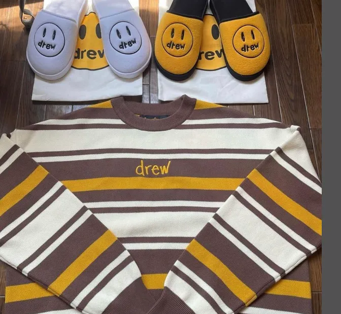 Drew House Justin Bieber smiley face striped logo embroidered round neck pullover sweater striped S-XL size