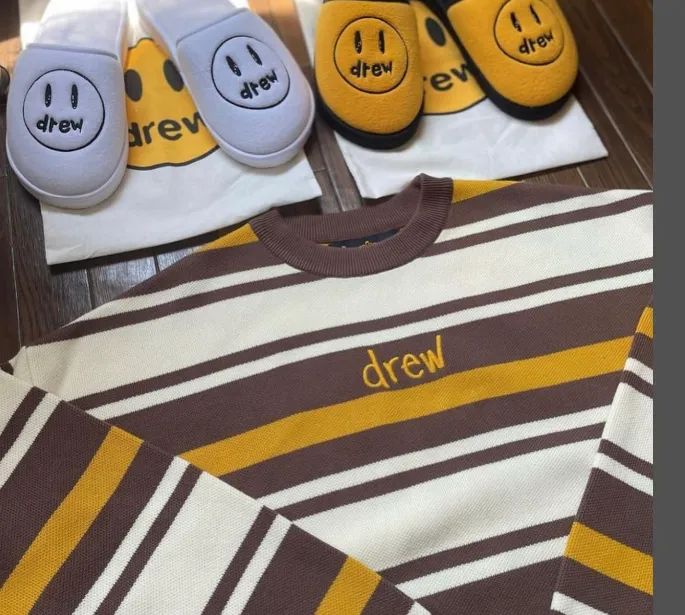 Drew House Justin Bieber smiley face striped logo embroidered round neck pullover sweater striped S-XL size