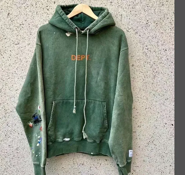 Gallery Depot. Property of hoodie GD Inkjet hand-painted logo print washed and worn looped hoodie Hoodie in dark green S M L XL