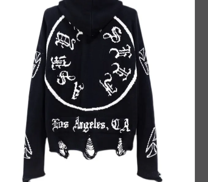 ASKYURSELF Sanskrit Letter Destruction Knitted Hooded Sweater Black S-XL