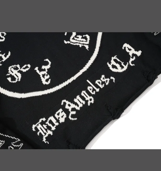 ASKYURSELF Sanskrit Letter Destruction Knitted Hooded Sweater Black S-XL