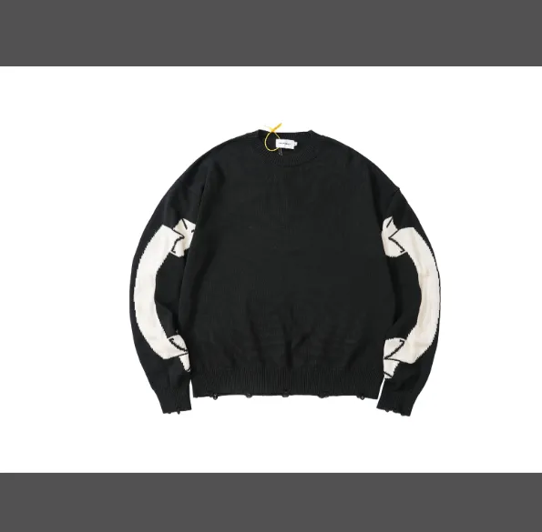 ASKYURSELF Roll Damaged Knitted Round Neck Sweater Black S-XL