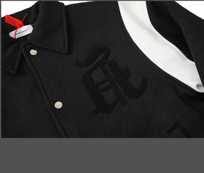 ASK ASKYURSELF Retro Splicing Embroidered Letter Baseball Jacket Cotton Jacket Black S-XL