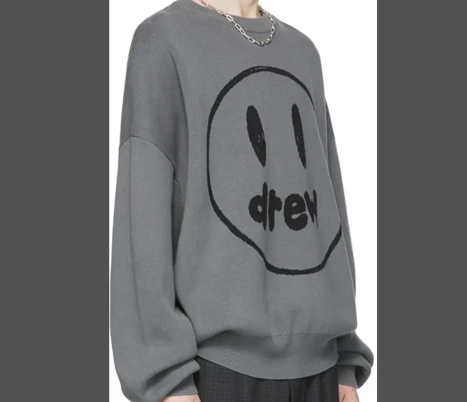 Drew HOUSE LAVANDER smiley face emoji logo jacquard solid color long sleeved sweater knitted sweater gray purple S M L XL