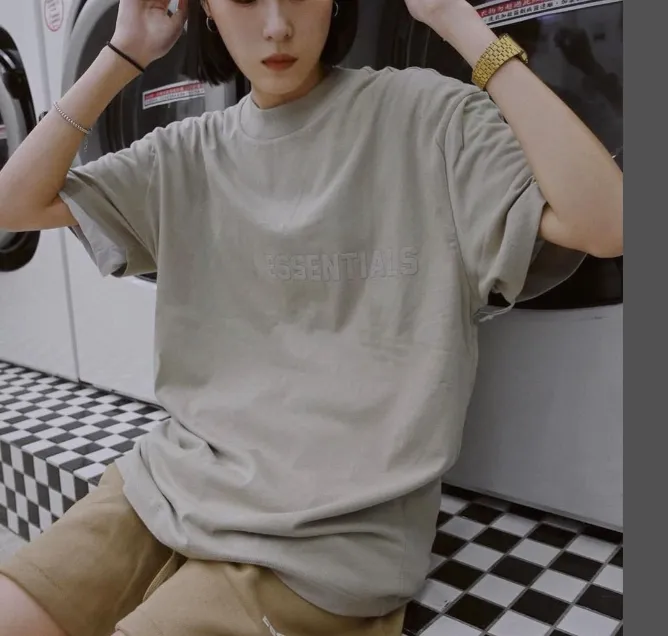 FEAR OF GOD ESSENTIALS 22FW New Color Thick Edition Plush Letter Logo Round Neck Short Sleeve T-shirt Coral Milk Smoke Grey S M L XL