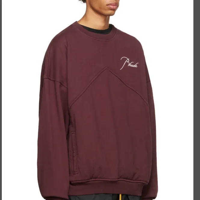 RHUDE slogan logo embroidered retro round neck fleece sweatshirt washed black jujube red S-XL