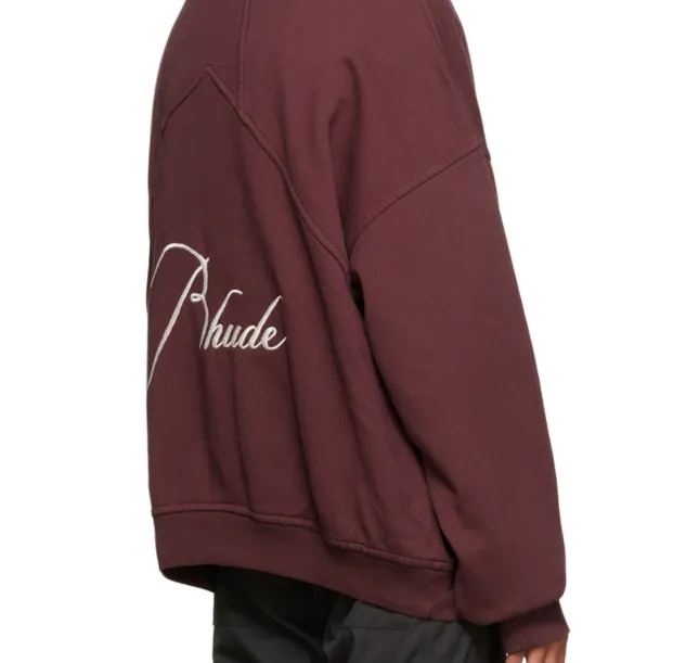 RHUDE slogan logo embroidered retro round neck fleece sweatshirt washed black jujube red S-XL