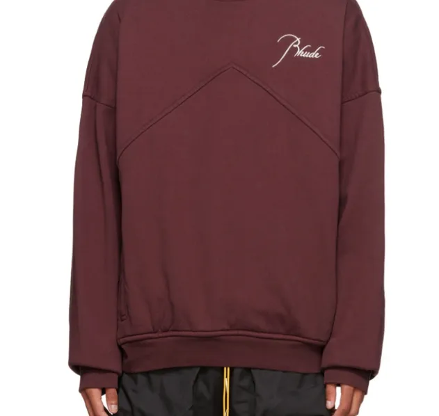 RHUDE slogan logo embroidered retro round neck fleece sweatshirt washed black jujube red S-XL