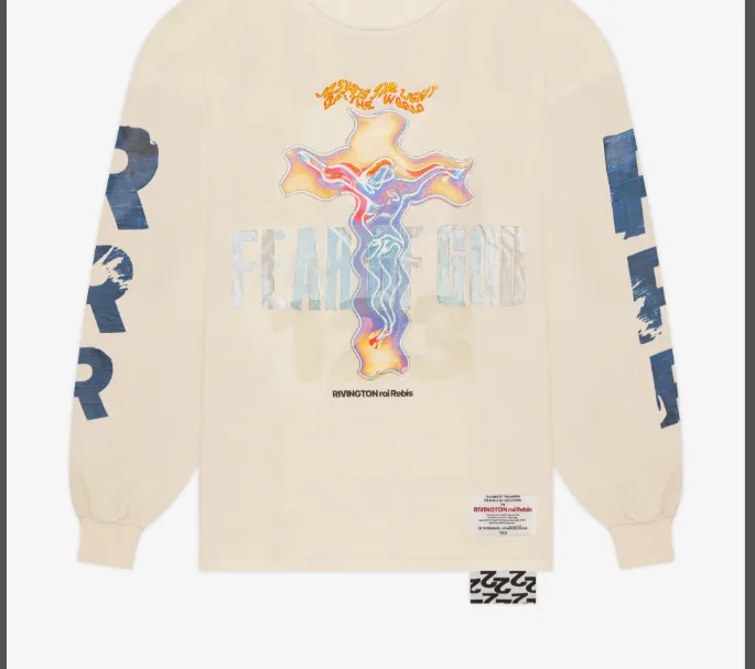 JERRY Same Style FEAR OF GOD x RRR123 Cross Religious Theme Letter Print Reverse Stitch Round Neck Long Sleeve T-shirt in beige 1, 2, 3