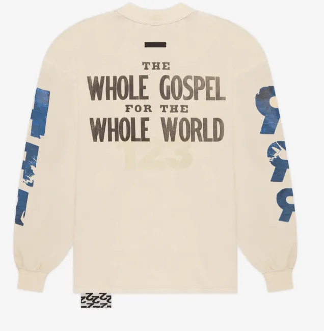 JERRY Same Style FEAR OF GOD x RRR123 Cross Religious Theme Letter Print Reverse Stitch Round Neck Long Sleeve T-shirt in beige 1, 2, 3