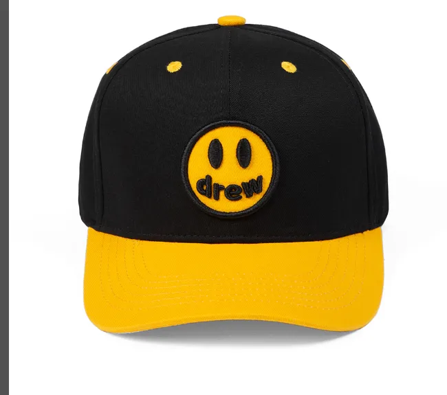 Drew HOUSE smiley face embroidered back letter duckbill cap baseball cap truck cap black with yellow accents