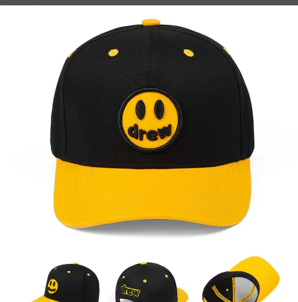 Drew HOUSE smiley face embroidered back letter duckbill cap baseball cap truck cap black with yellow accents