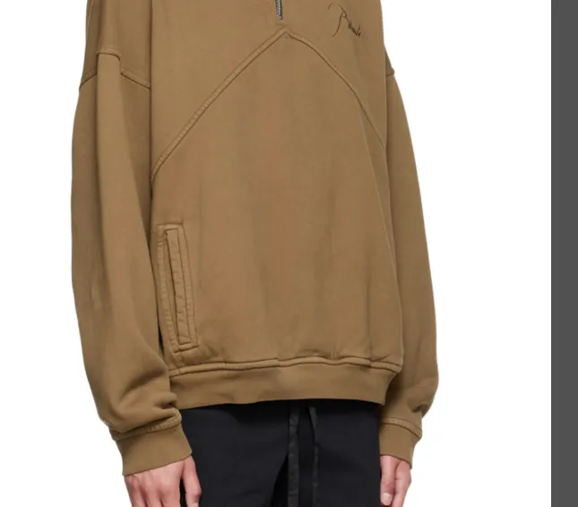 RHUDE Autumn Winter Retro Zipper Stand up Collar Splicing Hoodie Embroidered with Velvet Sweater Light Coffee S-XL Size