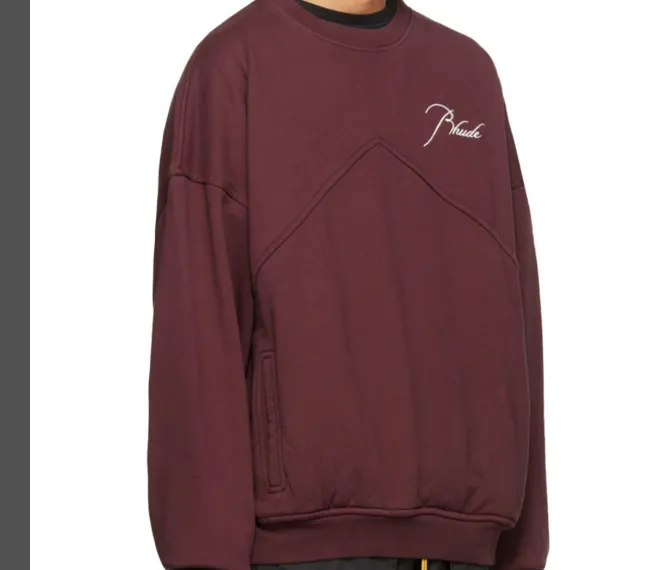 RHUDE slogan logo embroidered retro round neck fleece hoodie light coffee wash black jujube red S-XL