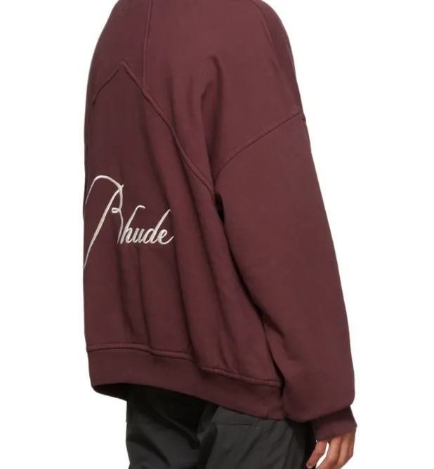 RHUDE slogan logo embroidered retro round neck fleece hoodie light coffee wash black jujube red S-XL