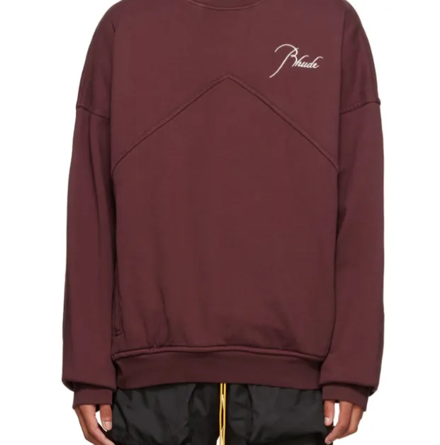 RHUDE slogan logo embroidered retro round neck fleece hoodie light coffee wash black jujube red S-XL