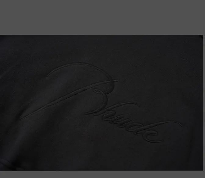 RHUDE slogan logo embroidered retro round neck fleece hoodie light coffee wash black jujube red S-XL