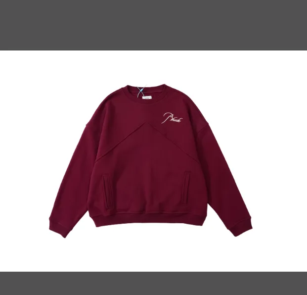 RHUDE slogan logo embroidered retro round neck fleece hoodie light coffee wash black jujube red S-XL