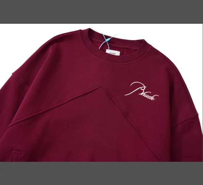 RHUDE slogan logo embroidered retro round neck fleece hoodie light coffee wash black jujube red S-XL