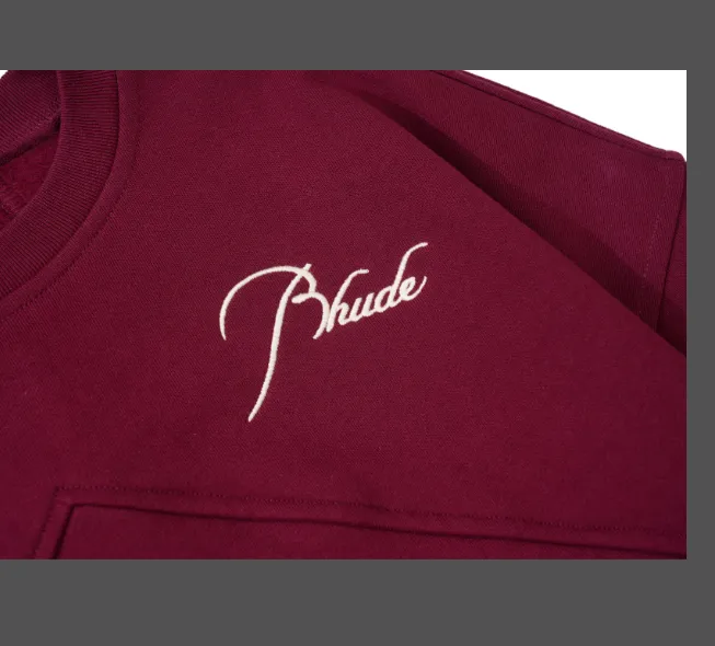 RHUDE slogan logo embroidered retro round neck fleece hoodie light coffee wash black jujube red S-XL