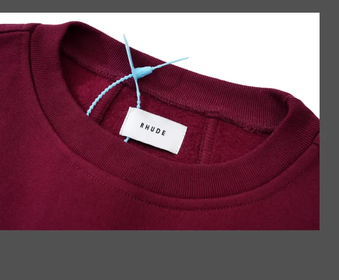 RHUDE slogan logo embroidered retro round neck fleece hoodie light coffee wash black jujube red S-XL