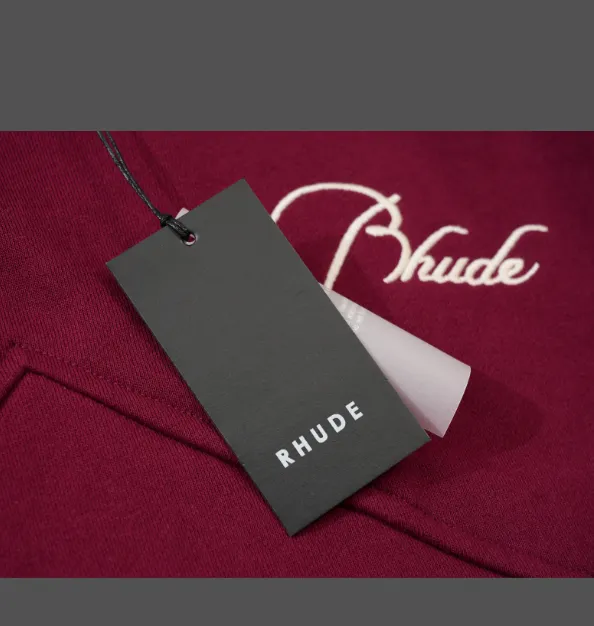 RHUDE slogan logo embroidered retro round neck fleece hoodie light coffee wash black jujube red S-XL